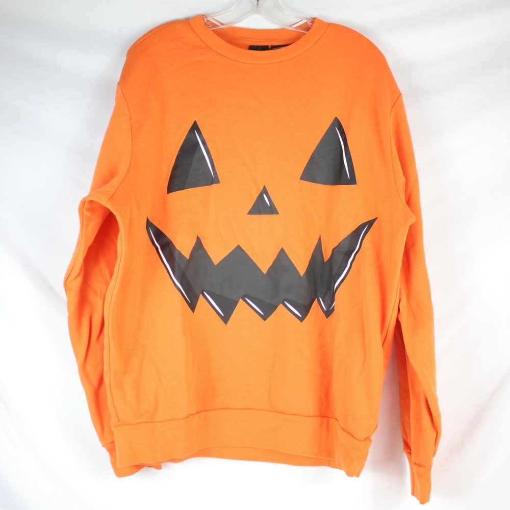 Mad Engine Orange Halloween Jack-O-Lantern Graphic Crew Neck Sweater Mens Size L